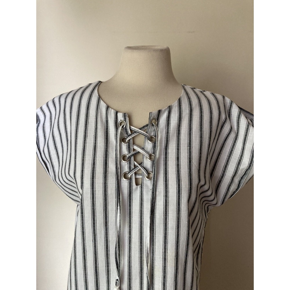 Cottagecore Love Tree Dress Sz LWhite With Black Strips Short Sleeve Coastal - Picture 6 of 12